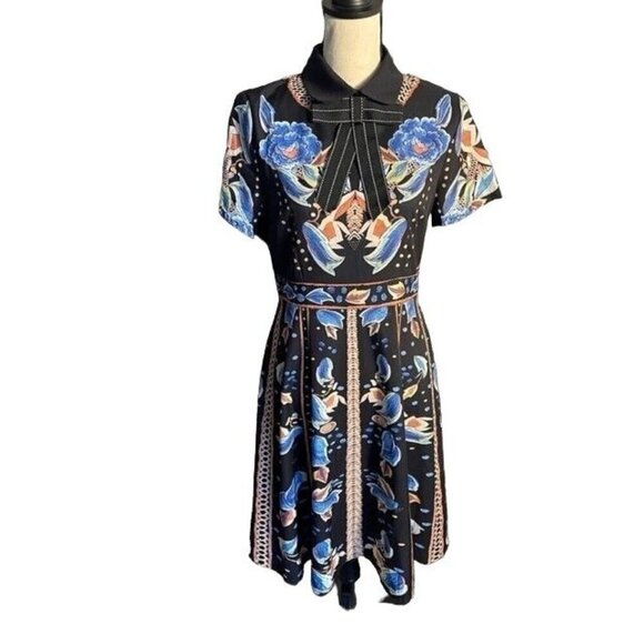 Weiniruier Black Floral Zip Short Sleeved Dress w/Removeable Bow Large - Picture 1 of 5